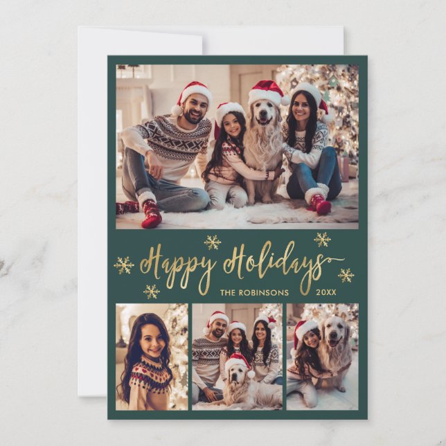Snowflake Green and Gold 5 Photo Collage Happy  Holiday Card (Front)