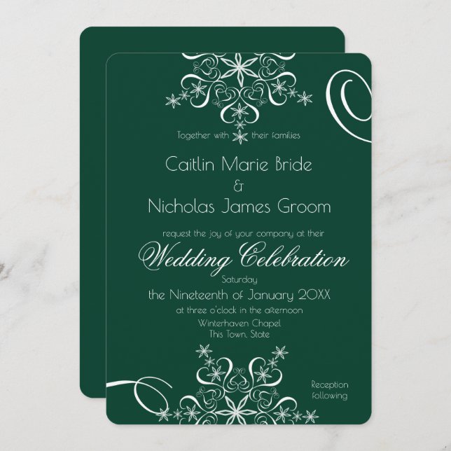 Snowflake Green Elegance Winter Wedding  Invitation (Front/Back)