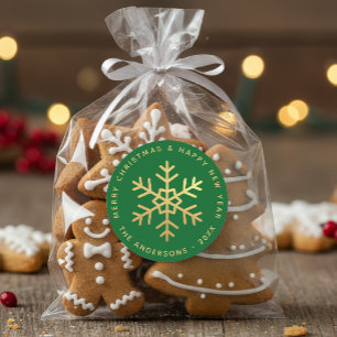 Snowflake Green & Faux Gold Foil Elegant Christmas Classic Round Sticker