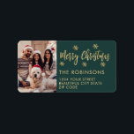 Snowflake Green Photo Christmas Return Address Label<br><div class="desc">Modern Green and Gold Snowflake Photo Merry Christmas Script Holiday Christmas Return Address Labels. Features a „Merry Christmas” script,  one family photo,  snowflakes on green background. Great for Christmas holiday season,  easy to personalise them with your names and return address info.</div>