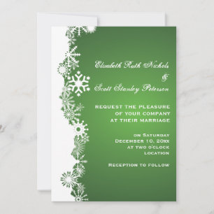 Snowflake green white winter wedding invitation