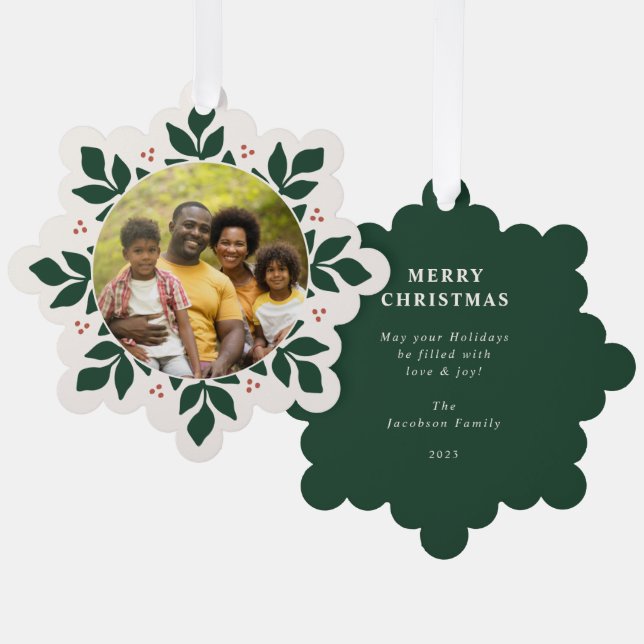 Snowflake Greenery Frame Holiday Photo Tree Decoration Card (Front/Back)