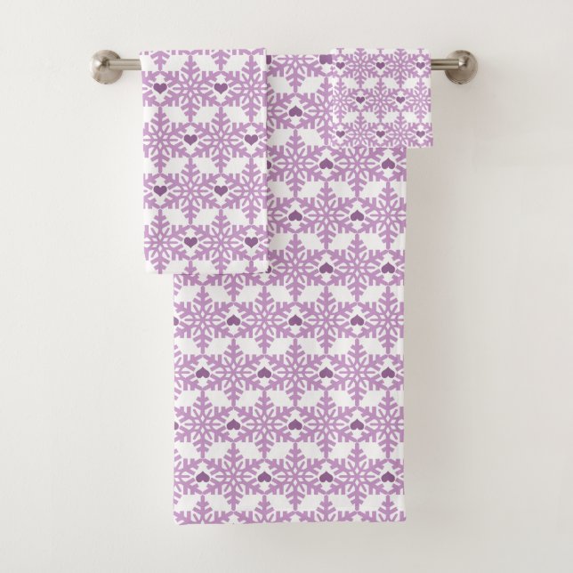 Snowflake Heart Pattern - Custom Background Colour Bath Towel Set (Insitu)