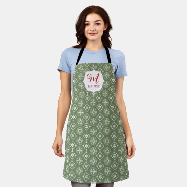 Snowflake Holiday Pattern Monogram Custom Apron (Worn)