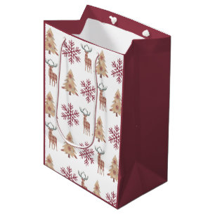 Snowflake Holiday Tree Deer Pattern on White Medium Gift Bag