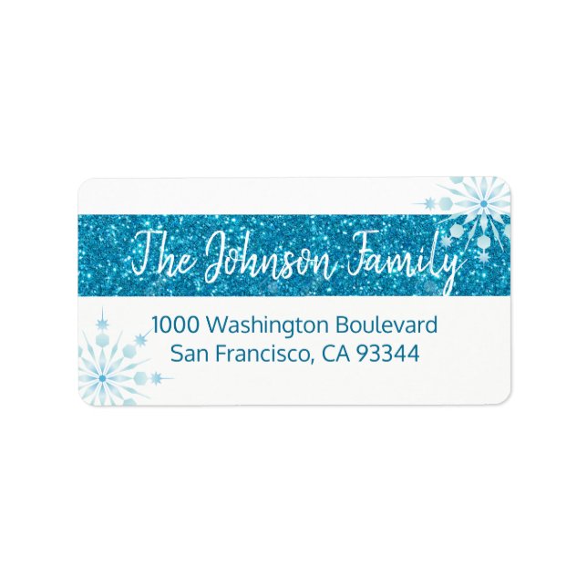 SNOWFLAKE Holiday Xmas Blue Glitter Return Address Label (Front)
