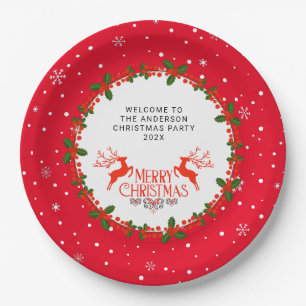 Snowflake, Holly Berries and Reindeer Custom Paper Plate
