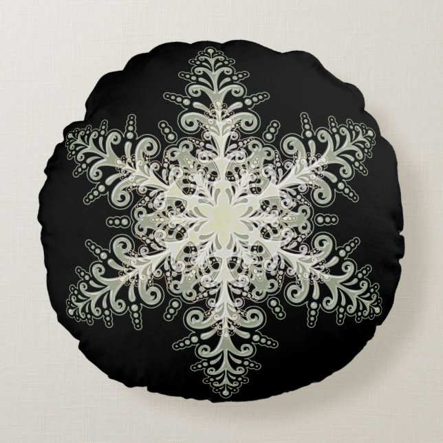 Snowflake ice lace winter white and black elegant round cushion (Front)