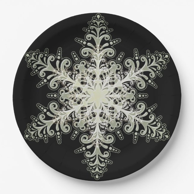 Snowflake icy lace winter white and black elegant paper plate (Front)