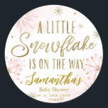 snowflake is on the way Baby Shower Classic Round Sticker<br><div class="desc">Adorable calligraphy with snowflakes,  winter-themed baby shower invitations. Easy to personalise with your details. Check the collection to find matching items as enclosure cards.</div>