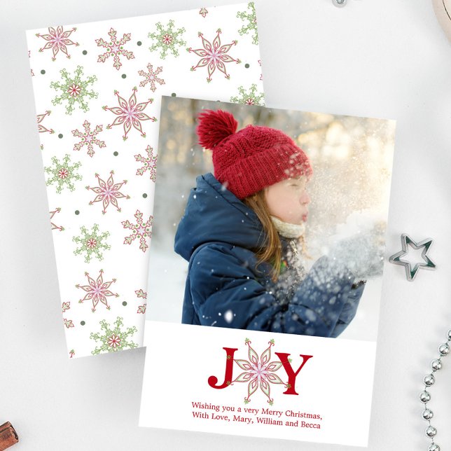 Snowflake Joy Christmas Photo Card Cute 1 Photo (Joy typography photo card with red and green snowflake pattern,)