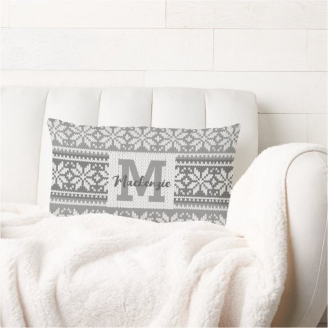Snowflake Knit Sweater Monogram Name Gray White Lumbar Cushion (Creator Uploaded)
