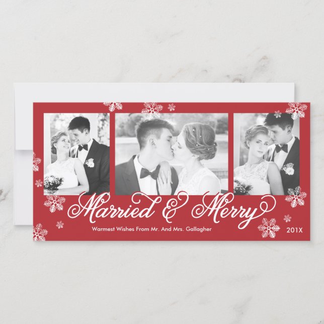 Snowflake Married and Merry 3-Photo Holiday Card (Front)