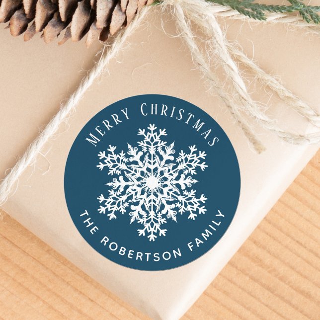 Snowflake Merry Christmas Holiday Blue  Classic Round Sticker (Creator Uploaded)