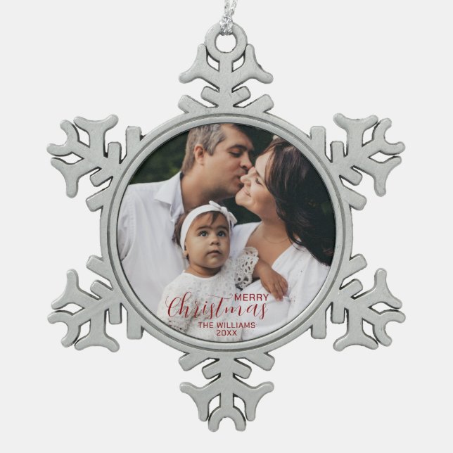 Snowflake Merry Christmas Ornament Family Photo (Front)