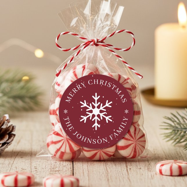 Snowflake Merry Christmas Winter Holiday Dark Red Classic Round Sticker (Snowflake Merry Christmas Winter Holiday Dark Red Classic Round Sticker
)