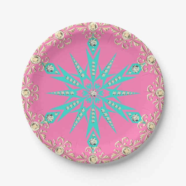Snowflake mid century turquoise pink vintage  paper plate (Front)
