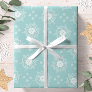 Snowflake Monogram Modern Aqua Christmas Holiday Wrapping Paper