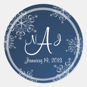 Snowflake Monogram Wedding Classic Round Sticker