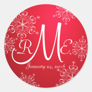 Snowflake Monogram Wedding Red 2 Classic Round Sticker