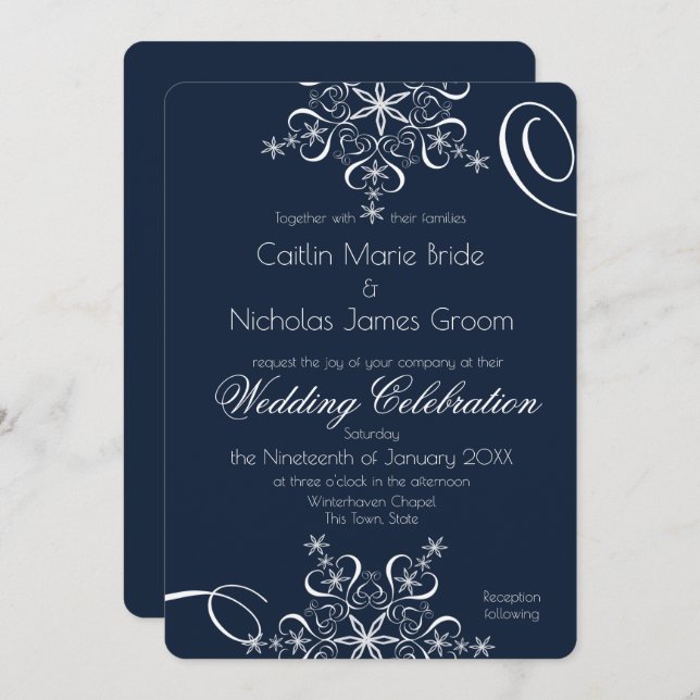 Snowflake Navy Blue Elegance Winter Wedding Invitation (Front/Back)