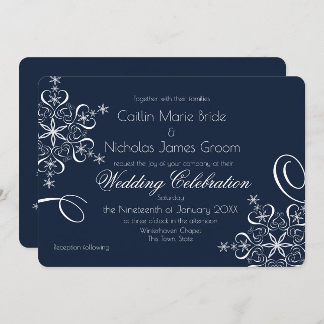 Snowflake Navy Blue Elegance Winter Wedding Invitation (Front/Back)