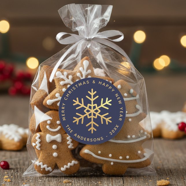 Snowflake Navy Blue Faux Gold Elegant Christmas  Classic Round Sticker (Creator Uploaded)