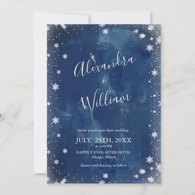 Snowflake Navy Blue Watercolor Winter Wedding Invitation (Front)