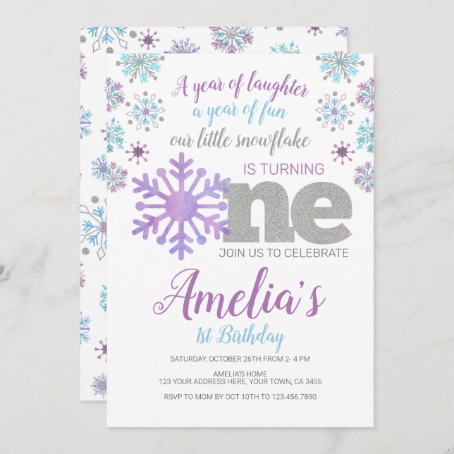 Snowflake, ONEderland Invitation (Front/Back)