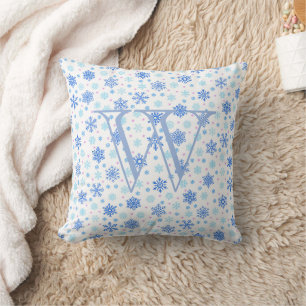 Snowflake Pastel Baby Blue Modern Elegant Monogram Cushion