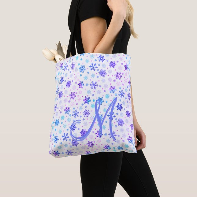 Snowflake Pastel Pink and Blue Elegant Monogrammed Tote Bag (Close Up)