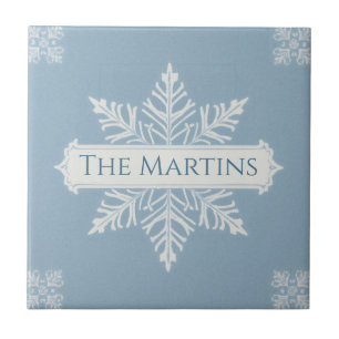Snowflake pattern blue & white holiday custom name tile