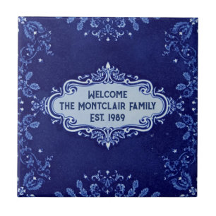 Snowflake pattern blue & white holiday custom name tile