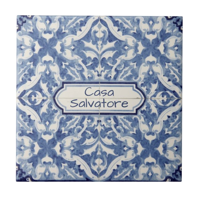 Snowflake pattern blue & white holiday custom name tile (Front)