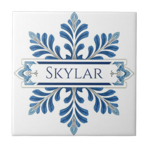 Snowflake pattern blue & white holiday custom name tile