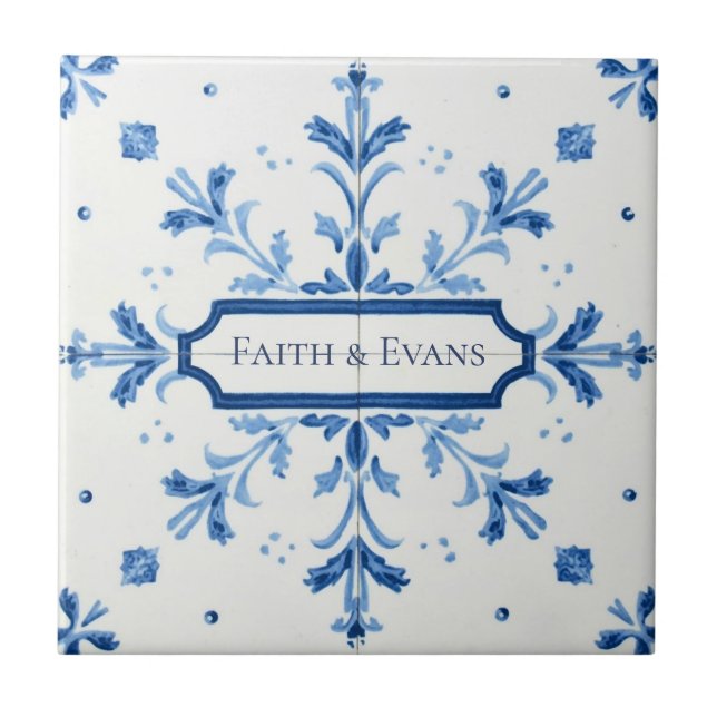 Snowflake pattern blue & white holiday custom name tile (Front)