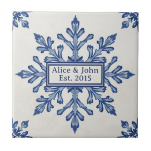 Snowflake pattern blue & white holiday custom name tile