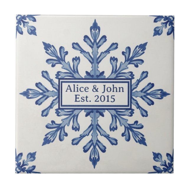 Snowflake pattern blue & white holiday custom name tile (Front)