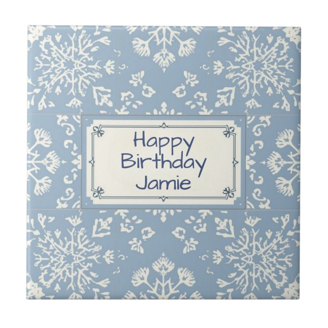 Snowflake pattern blue & white holiday custom name tile (Front)