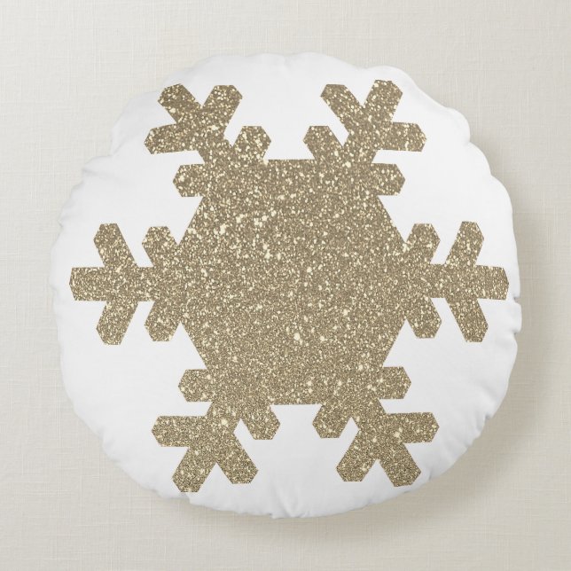 Snowflake Pattern Gold Glitter White Christmas Round Cushion (Front)