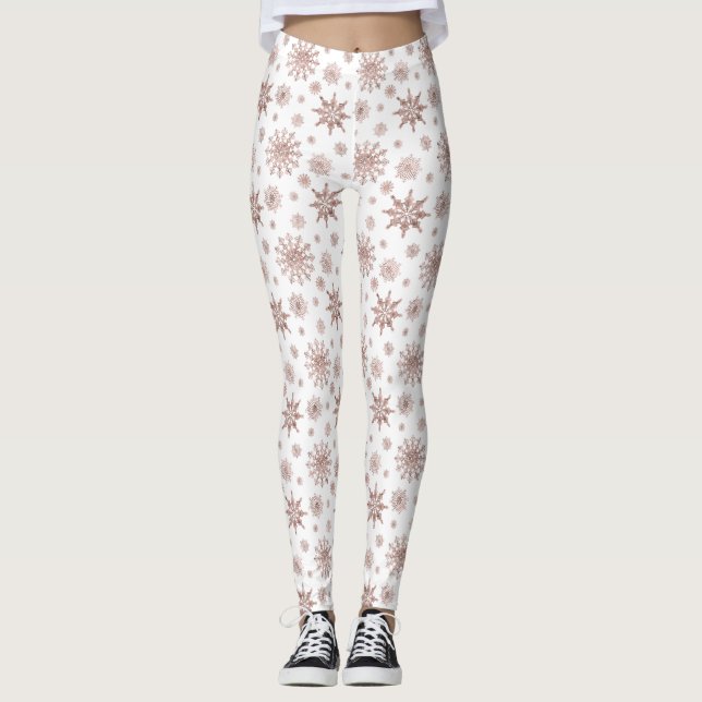 Snowflake Pattern In Faux Rose Gold Looking Colour Leggings (Front)