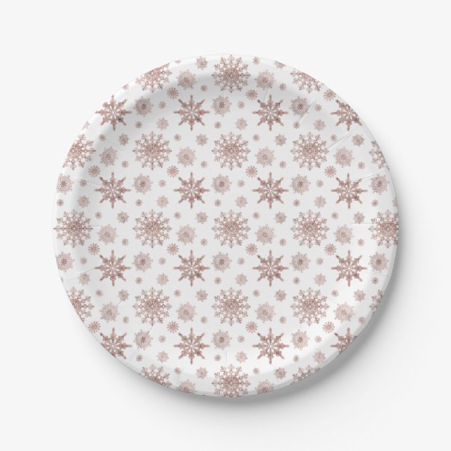 Snowflake Pattern In Faux Rose Gold Looking Colour Paper Plate (Front)