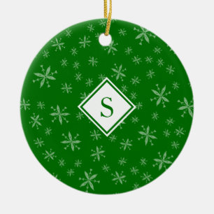 Snowflake Pattern Monogrammed Green Christmas Ceramic Tree Decoration