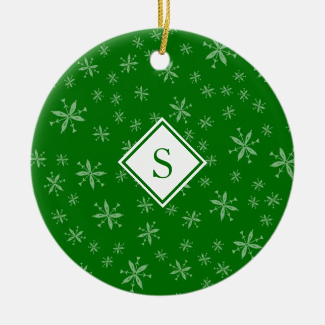 Snowflake Pattern Monogrammed Green Christmas Ceramic Tree Decoration (Front)