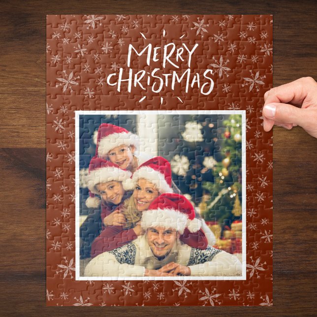 Snowflake Pattern on Red Merry Christmas Photo Jigsaw Puzzle (Creator Uploaded)