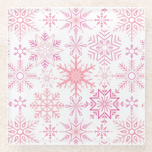 Snowflake pattern Pink Glass Coaster (Front)
