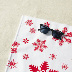 Snowflake Pattern, Red Snowflakes, Snow, White Beach Towel