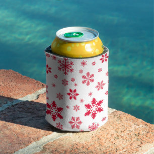Snowflake Pattern, Red Snowflakes, Snow, White Can Cooler