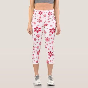 Snowflake Pattern, Red Snowflakes, Snow, White Capri Leggings