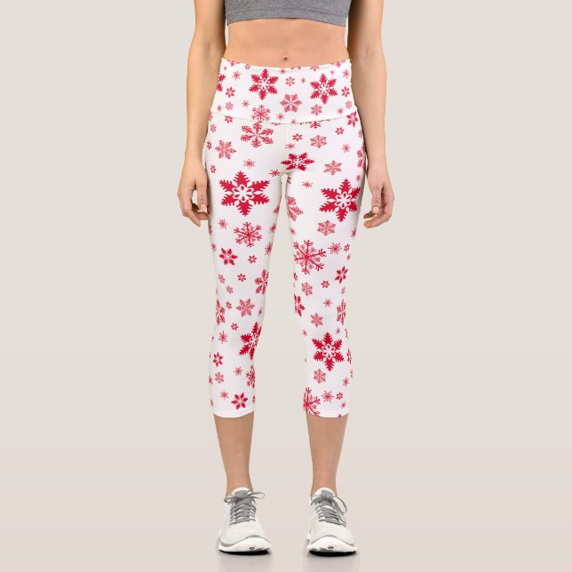 Snowflake Pattern, Red Snowflakes, Snow, White Capri Leggings (Front)